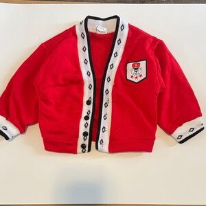 Red Cardigan with Black and White Trim